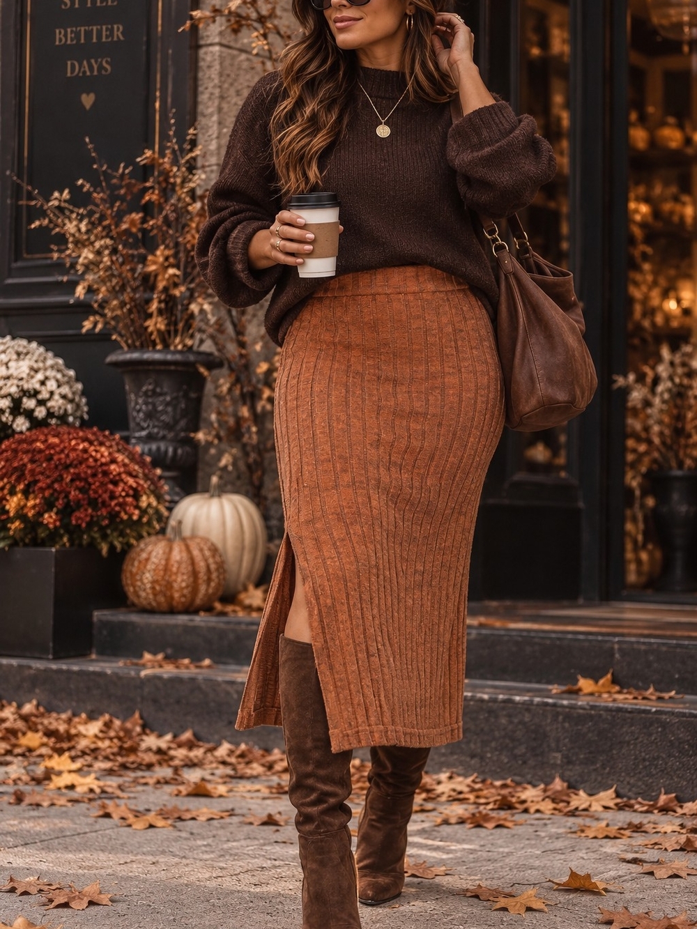 Ribbed Knit Midi Skirt in Rust Brown